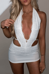 Lace Trim Halter Backless Bodycon Sleeveless Party Mini Dresses - White