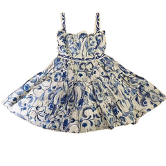 Strapless camisole retro blue print waist cinching short skirt dress