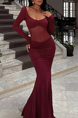 Sheer Mesh Patchwork Long Sleeve Ruched Slim Fit Backless Maxi Dresses - Burgundy