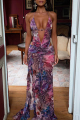 Leopard Floral Print Ruffled High Slit Halter Maxi Dresses - Purple