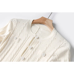 Early Fall Luxury Brief Gentle Beige Color Midi Knitting Dress Quality Buttons Strongly Elastic