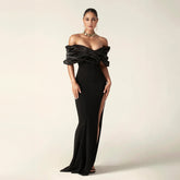 Black pleated edge strapless dress for slimming, tight fitting, and floor length, with a hip hugging design