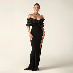 Black pleated edge strapless dress for slimming, tight fitting, and floor length, with a hip hugging design