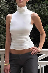 High Collar Open Back Solid Color Slim Fit Sleeveless Crop Top - White