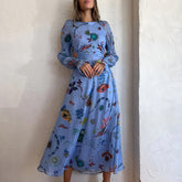Spring Women Hollow Out Party Dress Printing Loungewear O-Neck Long Lantern Sleeve Loose Ladies Maxi Dress Streetwear