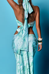 Marble Print Halter Crop Top Fitted Maxi Skirt 2pcs Set - Blue Pre Order