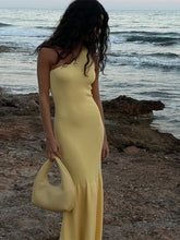 One Shoulder Knitted Patchwork Maxi Dress Women Diagonal Collar Sleeveless Bodycon Dresses Beach Vacation Robe