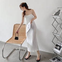 Spaghetti Strap Pleated Satin Dress Loose Casual Sexy Korean Party Dress Long Midi Dress Straight Slash Neck Dress