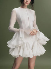 Lotus leaf edge splicing hem short dress women's single breasted lotus leaf sleeve skirt