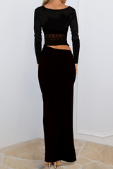 V Neck Long Sleeve Lace Patchwork Cutout Slim Fit Maxi Dresses - Black