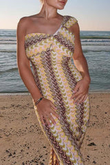 Abstract Striped Knit One Shoulder Bodycon Vacation Maxi Dresses - Yellow