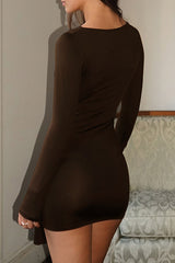 Round Neck Long Sleeve Metal O - Ring Ruched Fitted Mini Dresses - Black