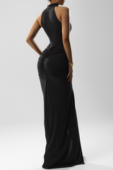 Sleeveless High Neck Ruched Slit Bodycon Maxi Dresses - Red