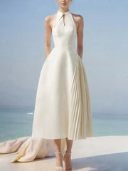 Solid Hollow Out Patchwork Folds Elegant Dresses Lapel Sleeveless High Waist Spliced Zipper Dress Female Fashion