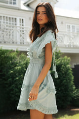 Women's lace patchwork lace up backless big swing batball sleeve dress