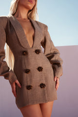 Deep Plunge Neckline Metal Floral Button Blazer Mini Dresses - Brown