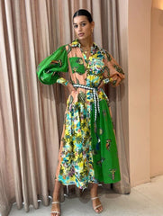 Print Women Dress With Belts Long Lantern Sleeve Single Breasted A-line Dresses Holiday Female Vestidos