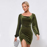 Slim fit slit wrap buttocks swing collar bubble sleeve velvet banquet dress
