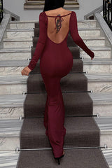 Sheer Mesh Patchwork Long Sleeve Ruched Slim Fit Backless Maxi Dresses - Burgundy