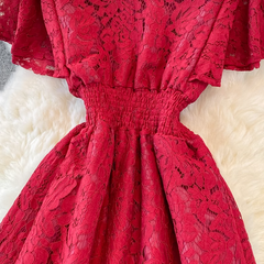 V-neck ruffle sleeve lace maxi dress
