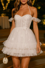 Halter Drop Shoulder Corset Flower Decor Ruffled Mini Dresses - White Pre Order