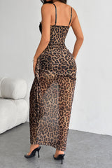 Lace Patchwork Leopard Print Bodycon Side Sash Slip Maxi Dresses - Brown