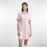 girl pink sweet shirt collar with black fungus edge sleeves waist cinched umbrella skirt fish tail knitted slimming dress