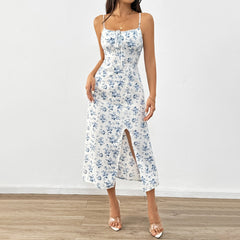 European and American fresh style camisole floral dress, high waisted pullover A-line mid length skirt