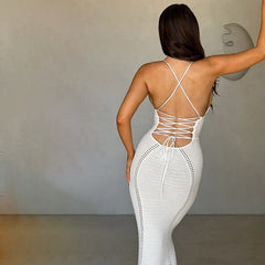 sexy backless strapless hollow knitted dress
