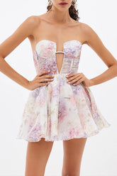 Floral Print Strapless Cutout Corset Design Mini Dresses - Purple