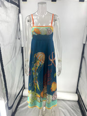 holiday swing graffiti cotton and linen sleeveless suspender dress