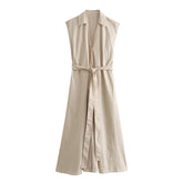 V-neck single breasted belt with pleated sleeveless shirt style dress