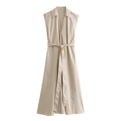 V-neck single breasted belt with pleated sleeveless shirt style dress