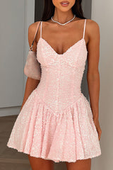 V Neckline Cinch Waist Sequin Strappy Mini Dresses - Pink Pre Order