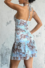 Mixed Print Cutout Ruched Slim Fit Slit Hem Halter Mini Dresses - Blue