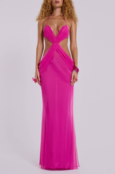Halter Neck Ruched Cutout Backless Side Slit Maxi Dresses - Fuchsia