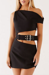 Asymmetrical Neckline Cutout Buckle Belted Mini Dresses - Black