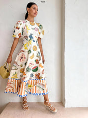 Short Sleeve Vintage Print Maxi Dress Casual Round Neck Puff Sleeve Loose Women Long Dress Slim Fit Elegant Robe