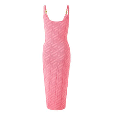 pink camisole dress with metal buckle knitted skirt waist cinching and slimming jacquard skirt