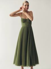 Bustier Pleated Tulle Fit & Flare Midi Dress