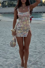 Sequin Floral Pattern Square Neck Slit Slip Mini Dresses - Silver