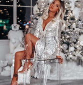 Plus Size Women Spring Sexy Party Night Elegant Dress Bodycon Tassel Silver Midi Dress