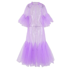 Lace collar loose petal short sleeved mesh dress, women's patchwork puffy skirt, hood skirt