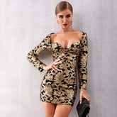Long Sleeve Sequin Deep V Gold Mini Club Dress