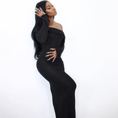 Long Sleeve Backless Maxi Dresses Elegant Sexy Gray Black Knit Dress