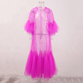 Lace collar loose petal short sleeved mesh dress, women's patchwork puffy skirt, hood skirt