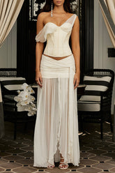 Drop Shoulder Corset Semi Sheer Slit Maxi Skirt 2pcs Set - Beige