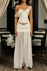 Drop Shoulder Corset Semi Sheer Slit Maxi Skirt 2pcs Set - Beige