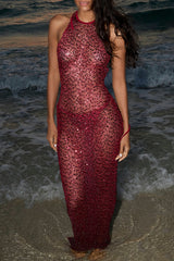 Sequin Halter Neck Backless See Through Maxi Dresses - Red