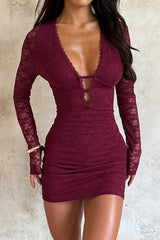 Lace Patchwork Long Sleeve Deep V Neck Fitted Mini Dresses - Burgundy